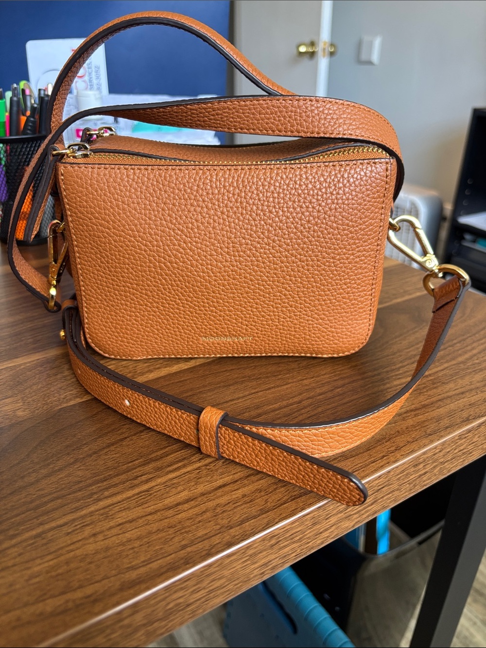Pebbled Leather Crossbody Bag in Cognac Tan